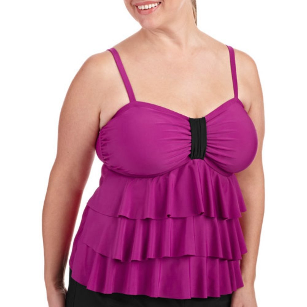 2X Tankini Swim Top Waterfall Tiered Layered Ruffle PLUS CATALINA Purple Red NEW